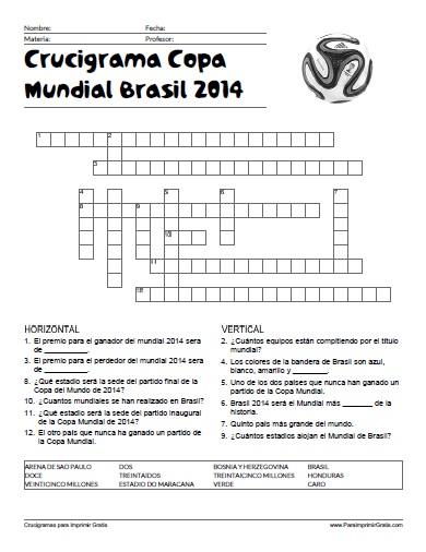 Crucigrama Copa Mundial Brasil 2014