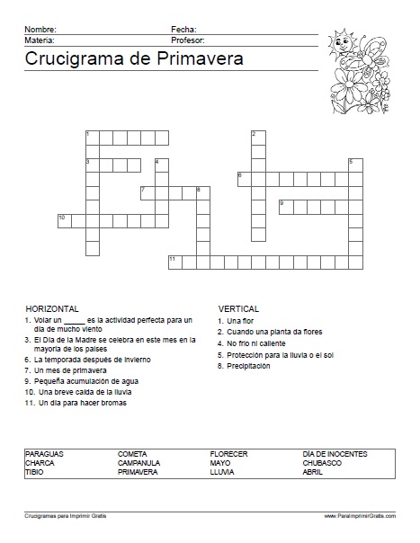 Crucigrama de Primavera para Imprimir Gratis