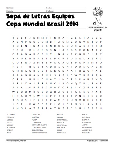 Sopa de Letras Equipos Copa Mundial Brasil 2014
