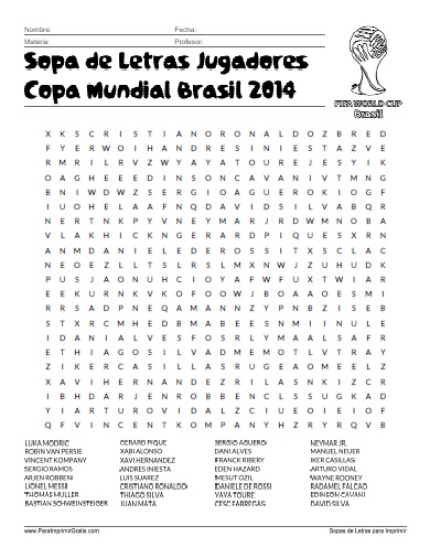 Sopa de Letras Jugadores Copa Mundial Brasil 2014