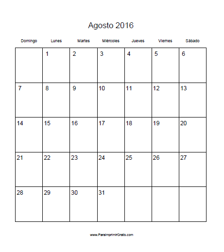 Calendario Agosto 2016