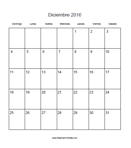 Calendario Diciembre 2016