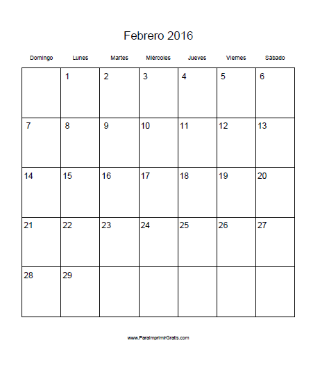 Calendario Febrero 2016