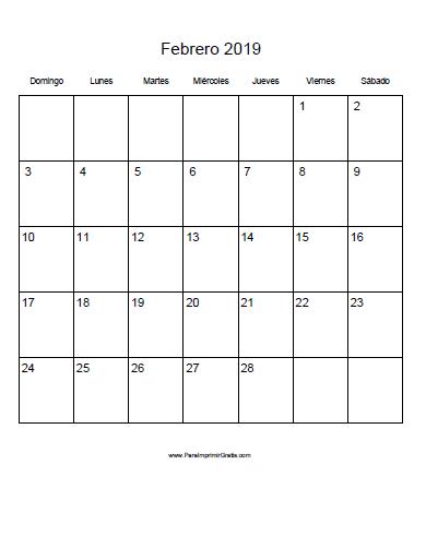 Calendario Febrero 2019