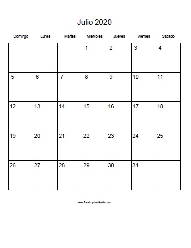 Calendario Julio 2020