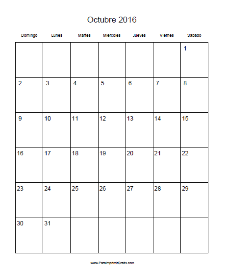 Calendario Octubre 2016