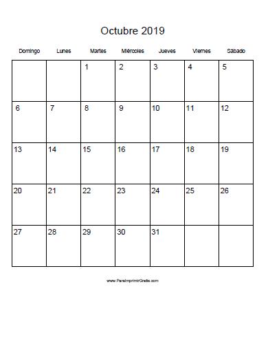 Calendario Octubre 2019